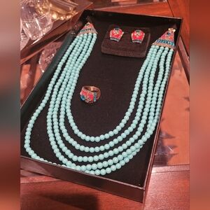 Heidi Daus Turquoise And Coral Art Deco Necklace Set with Earrings and Ring